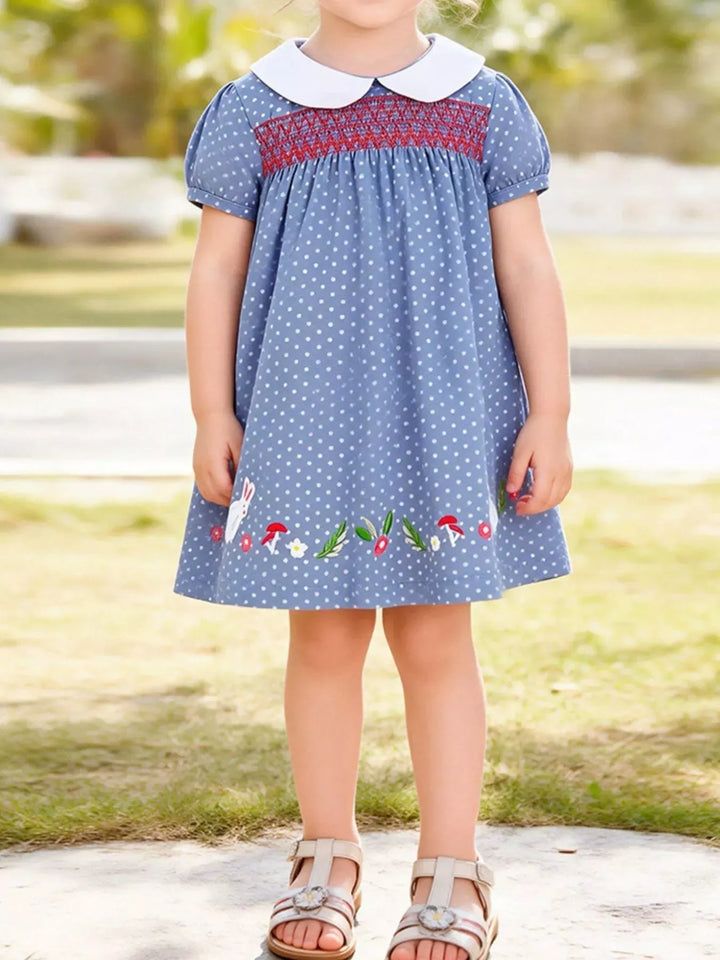 Smocked Polka-Dot Embroidered Cotton Dress — Dusty Blue