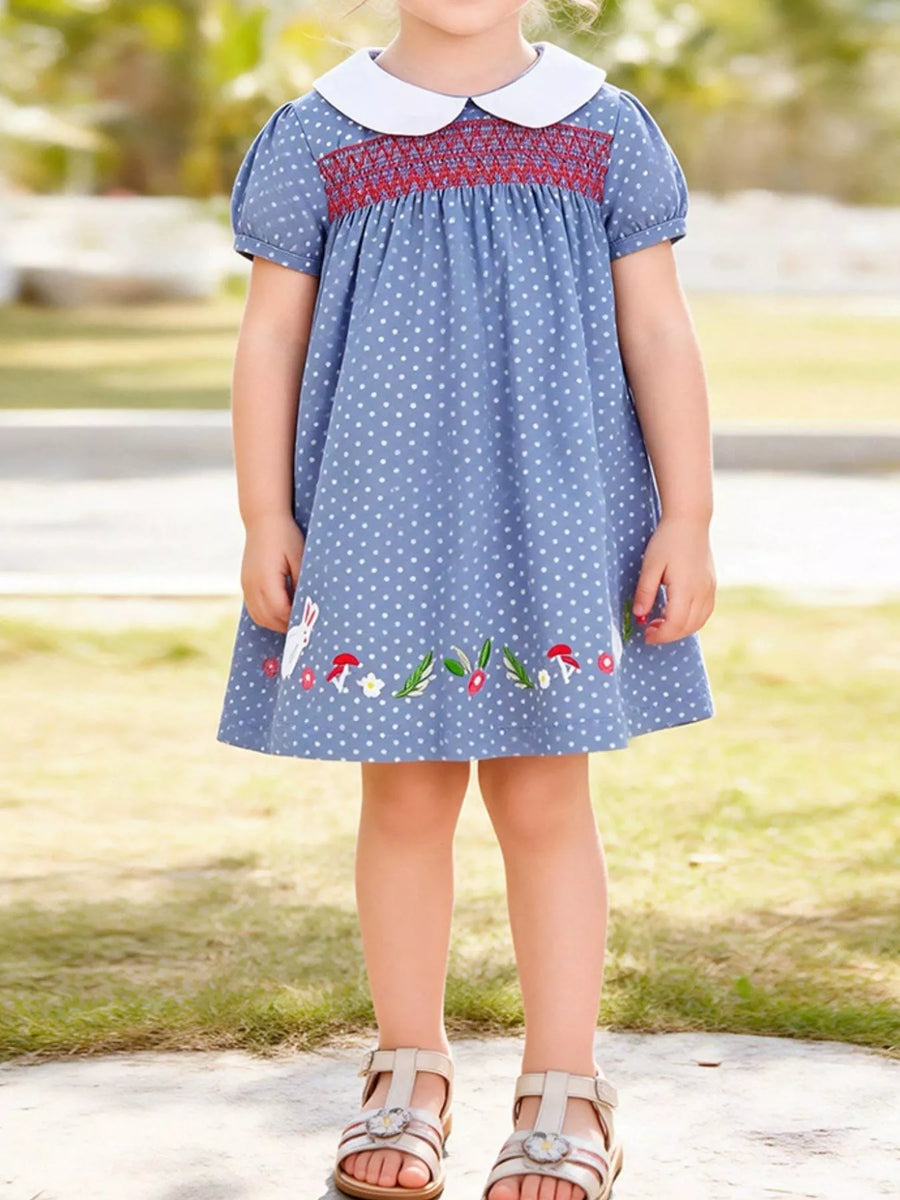 Smocked Polka-Dot Embroidered Cotton Dress — Dusty Blue