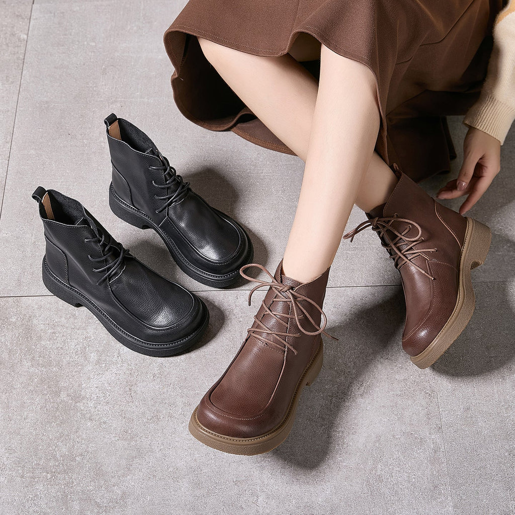 Women's High-Top Lace-Up Cowhide Leather Boots – Round Toe, Non-Slip Rubber Sole | Black & Coffee