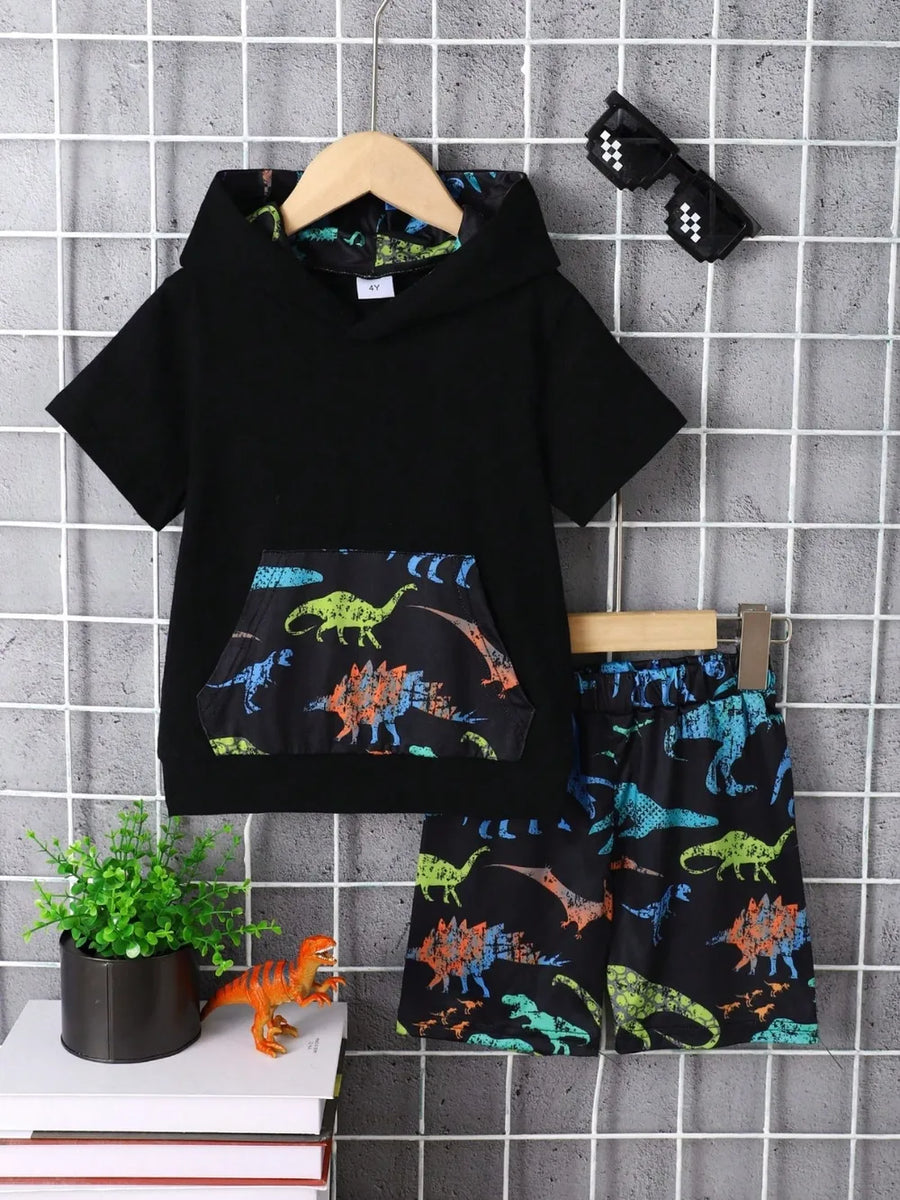 Kids’ Dinosaur Short-Sleeve Hoodie & Pants Set — Black