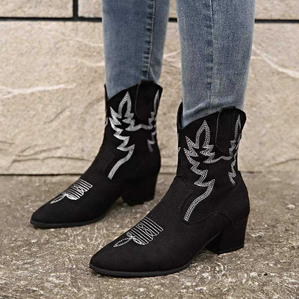 Women's Point Toe Block Heel Boots – Suede Mid Heel Ankle Boots
