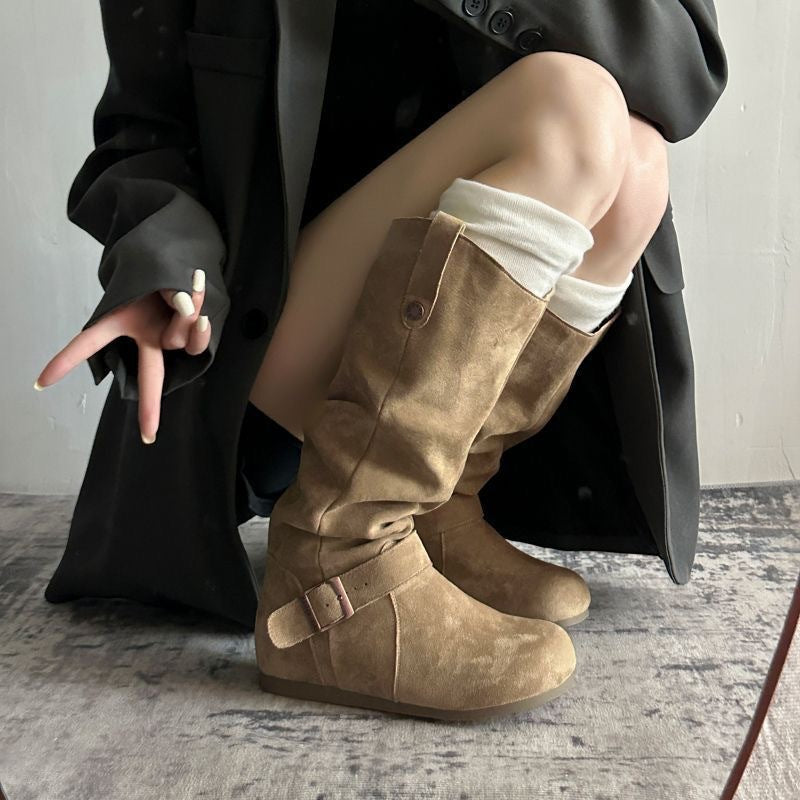 Women's Vintage Denim Lace-Up Long Boots – Mid Heel Round Toe All-Season Boots