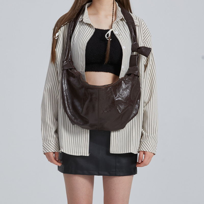 Retro French Croissant Pleated Crossbody Bag – Large Capacity Oil-Wax PU Leather
