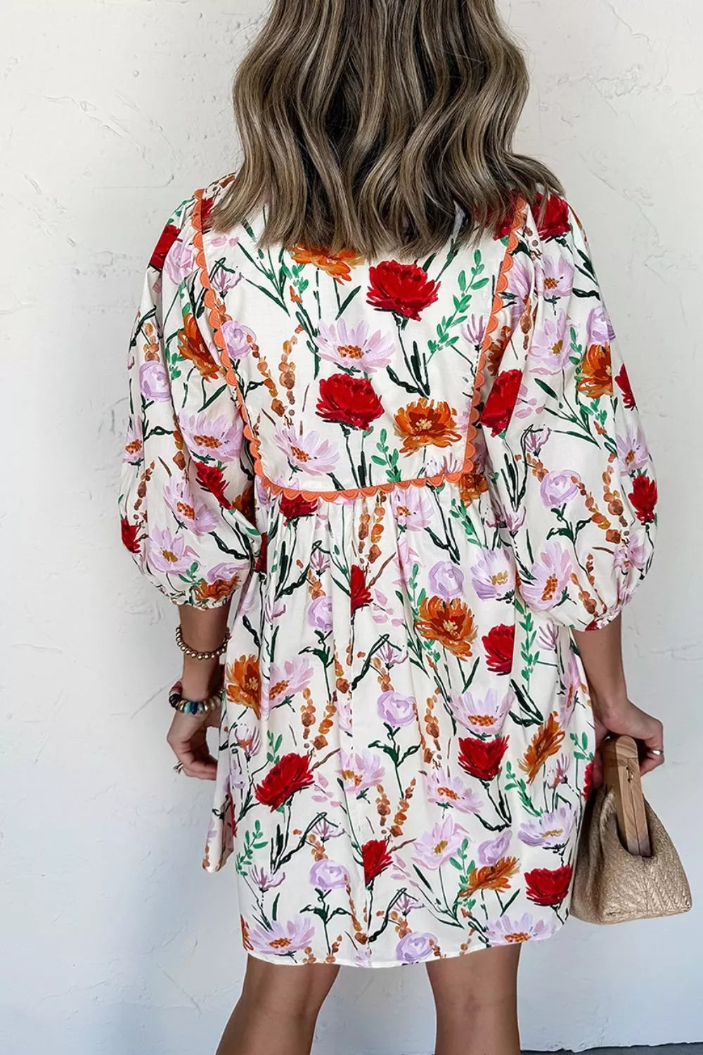 Floral Ricrac-Trim Puff-Sleeve Mini Dress