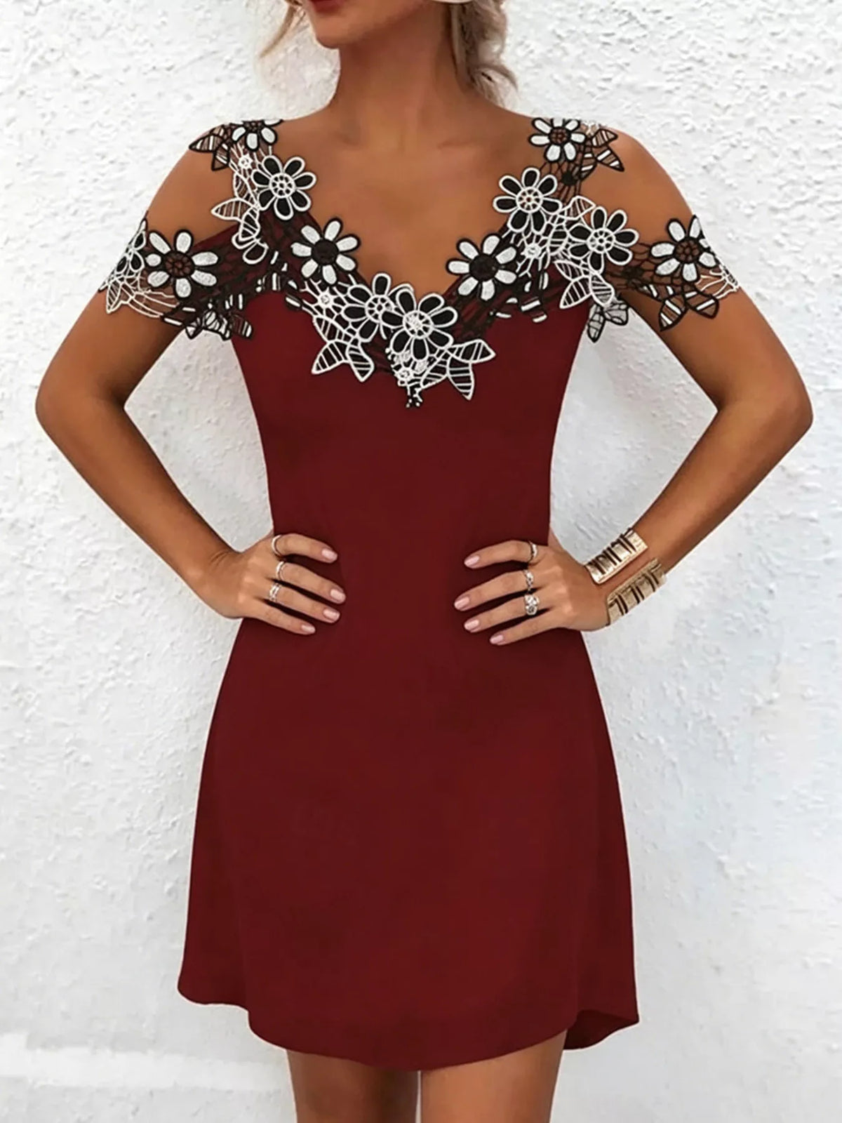 Floral Lace-Trim Cold-Shoulder Mini Dress