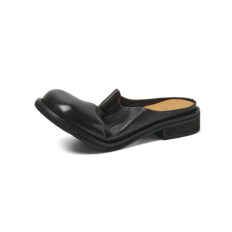 Women's Washed Cowhide Leather Mule Slides | Retro Round-Toe Block Heel Backless Shoes