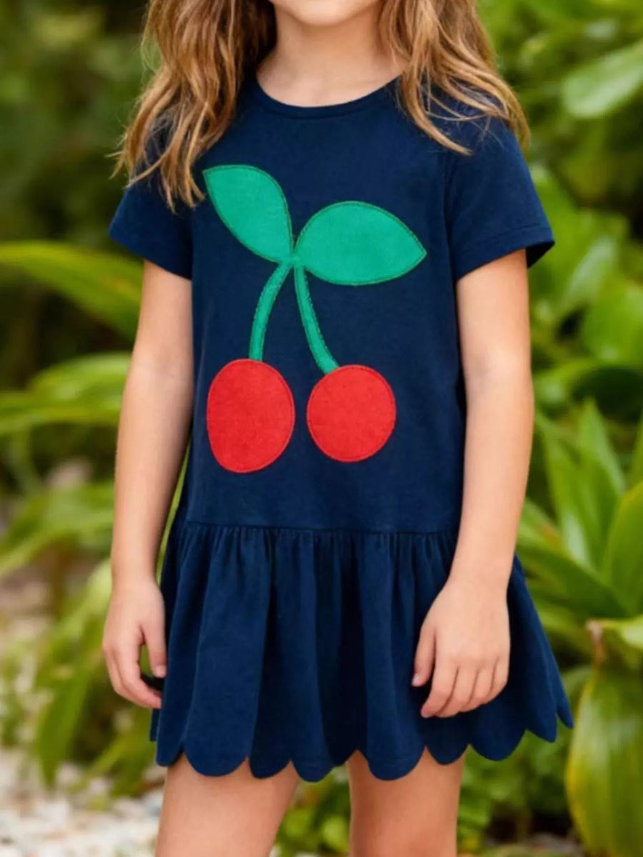Girls’ Cherry-Appliqué Ruffle Dress — Dark Navy