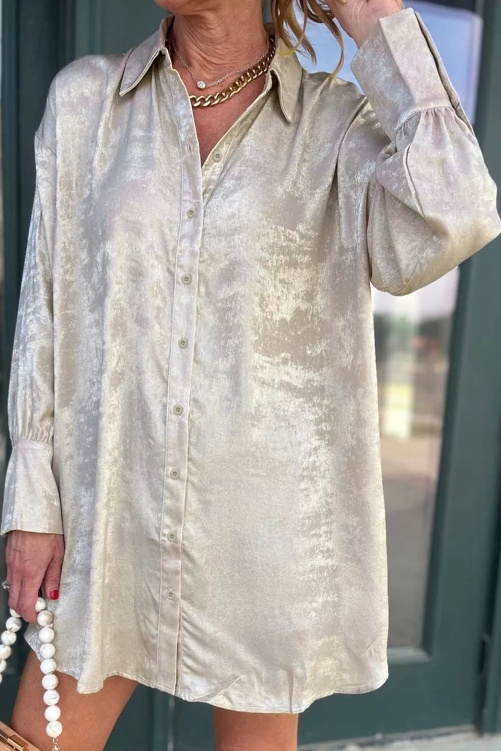 Button-Front Long-Sleeve Mini Shirt Dress