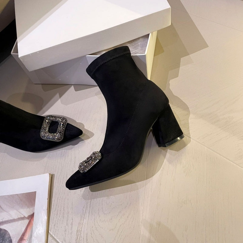Women's Pointed-Toe Chunky Heel Ankle Boots | Suede Slip-On Block Heel Booties