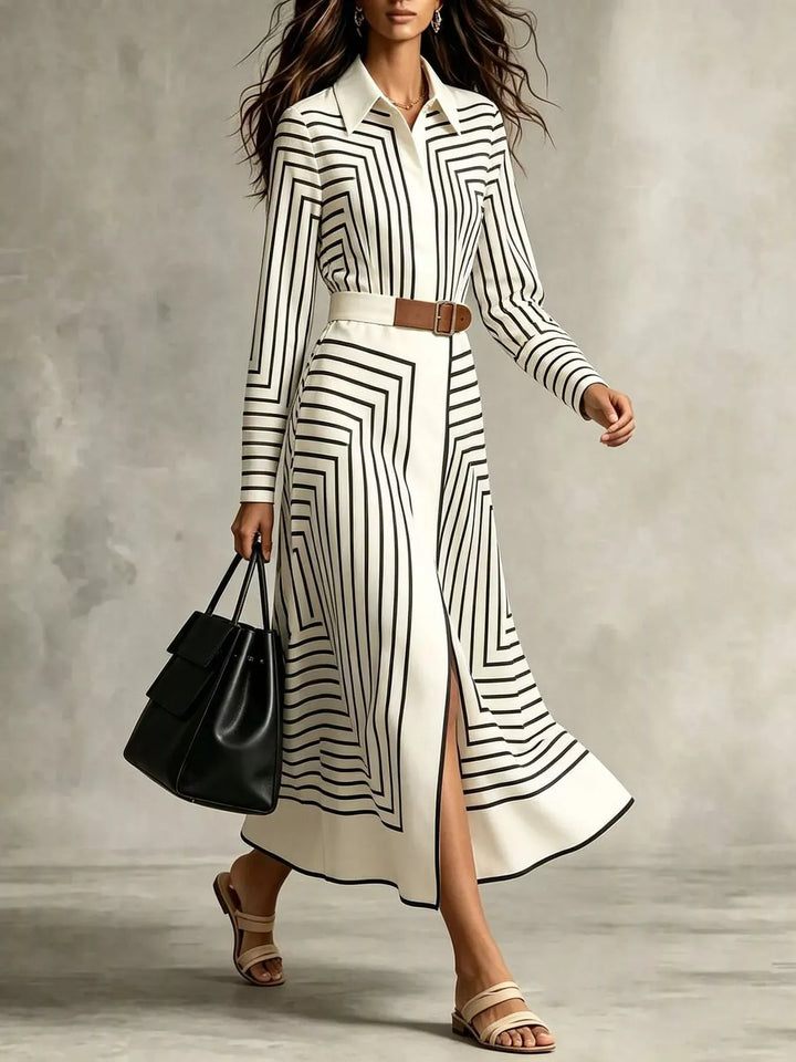 Geometric Stripe Belted Midi Shirt Dress