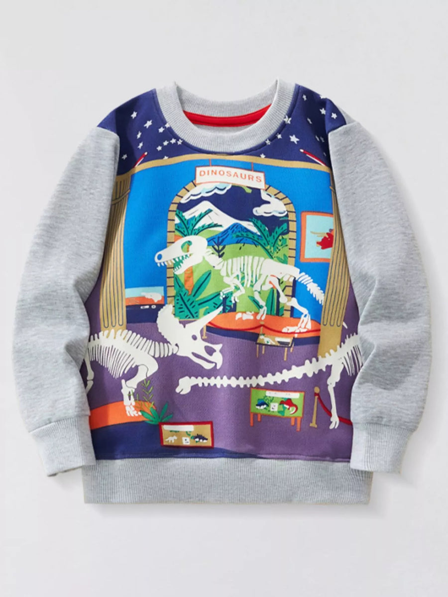 Dinosaur Museum Graphic Sweatshirt — Light Gray