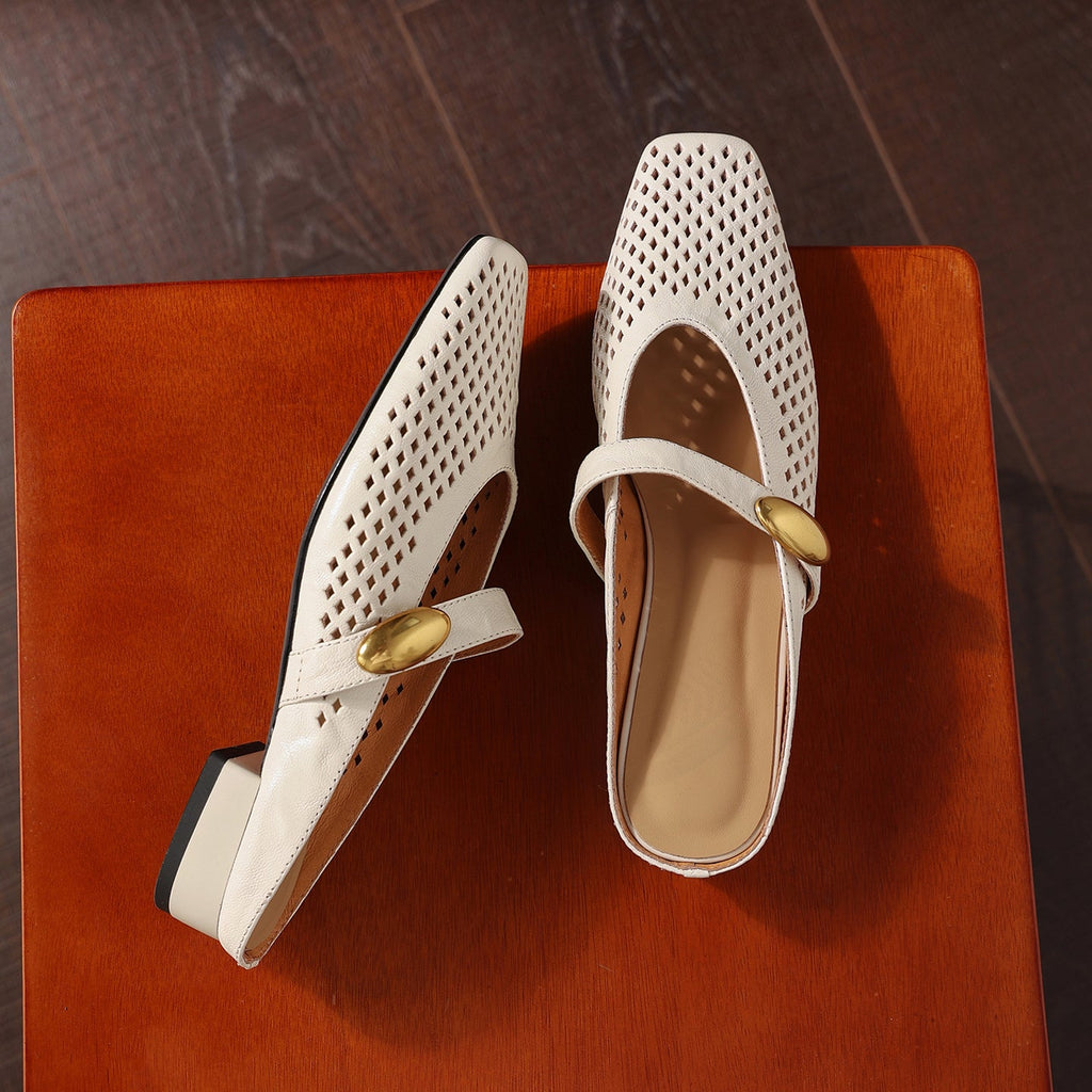 Women's Sheepskin Mary Jane Mules | Perforated Square Toe Low Block Heel Slides