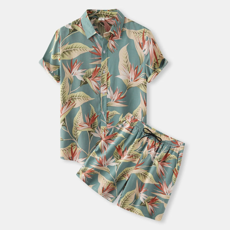 Men's Plus Size Printed Button Up Shirt and Shorts Set