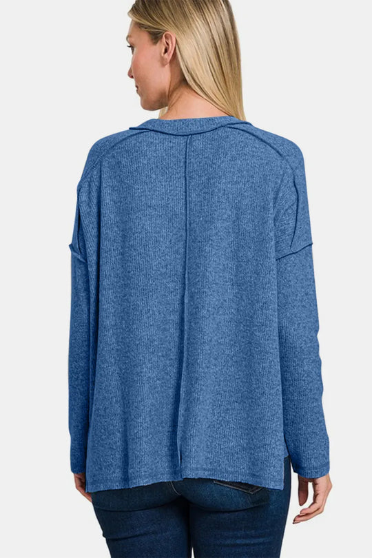 Another view: Curve Exposed Seam Brushed Round Neck Sweater — Navy