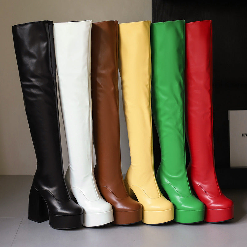 Women's Over-the-Knee Boots - Chunky Heel Platform Boots with Waterproof Design