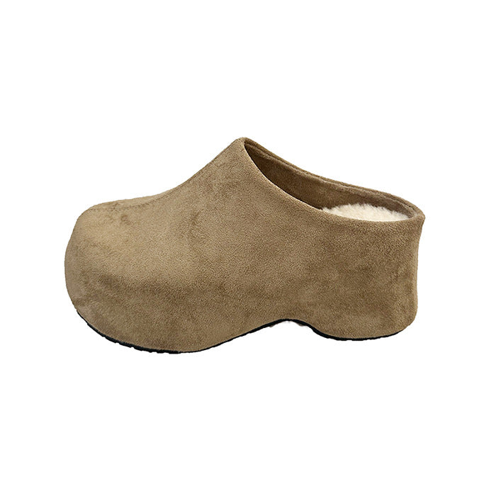 Women's Round-Toe Chunky Heel Platform Half Slippers | Faux Fur Lined Suede Mule Shoes