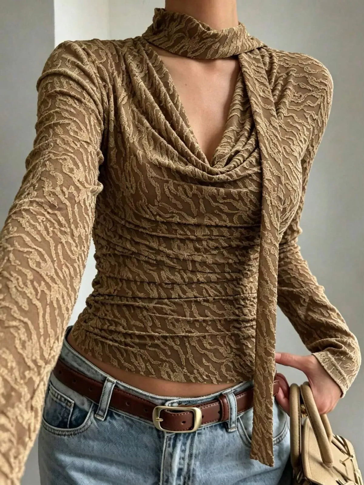 Textured Cowl-Neck Blouse with Scarf Detail — photo 4