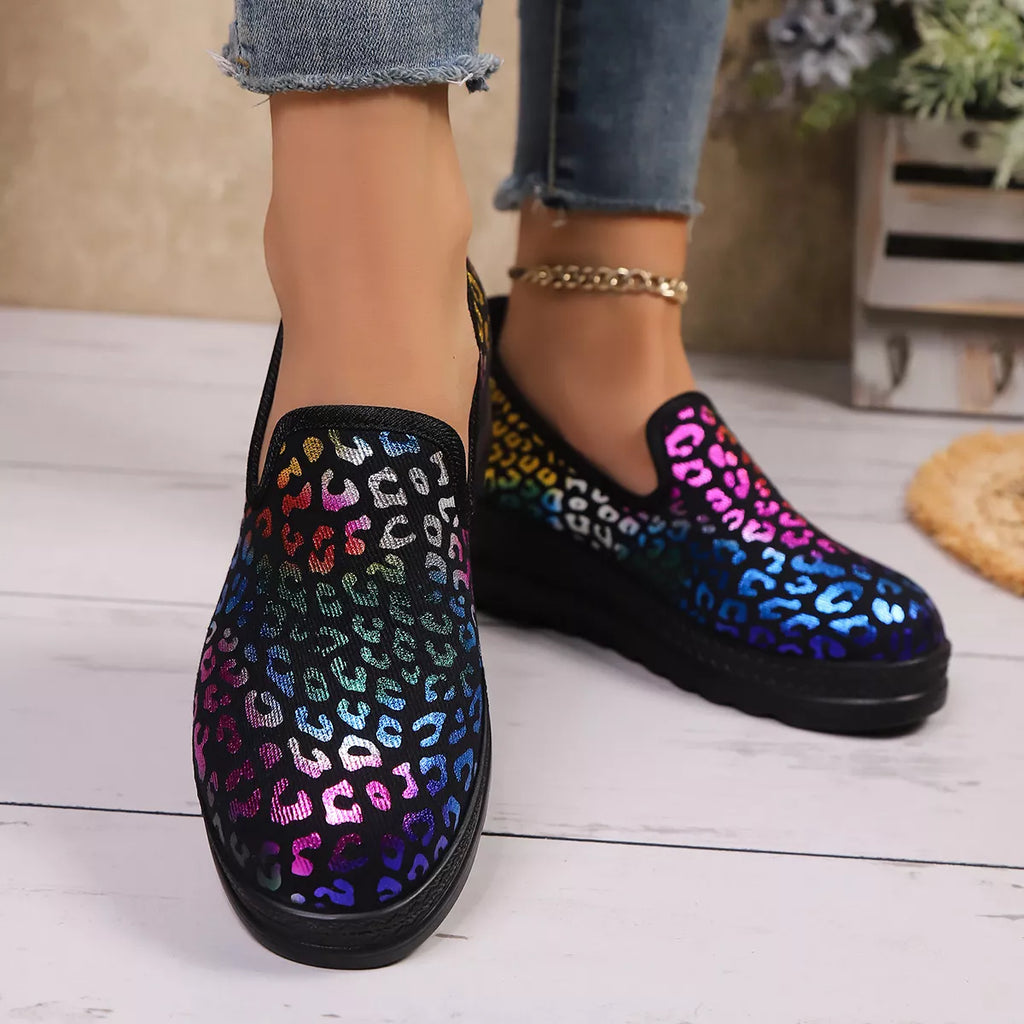 Women's Leopard Print Wedge Slip-On Shoes – Round Toe Low Heel Comfort Mules