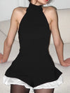 Black contrast-ruffle halter romper