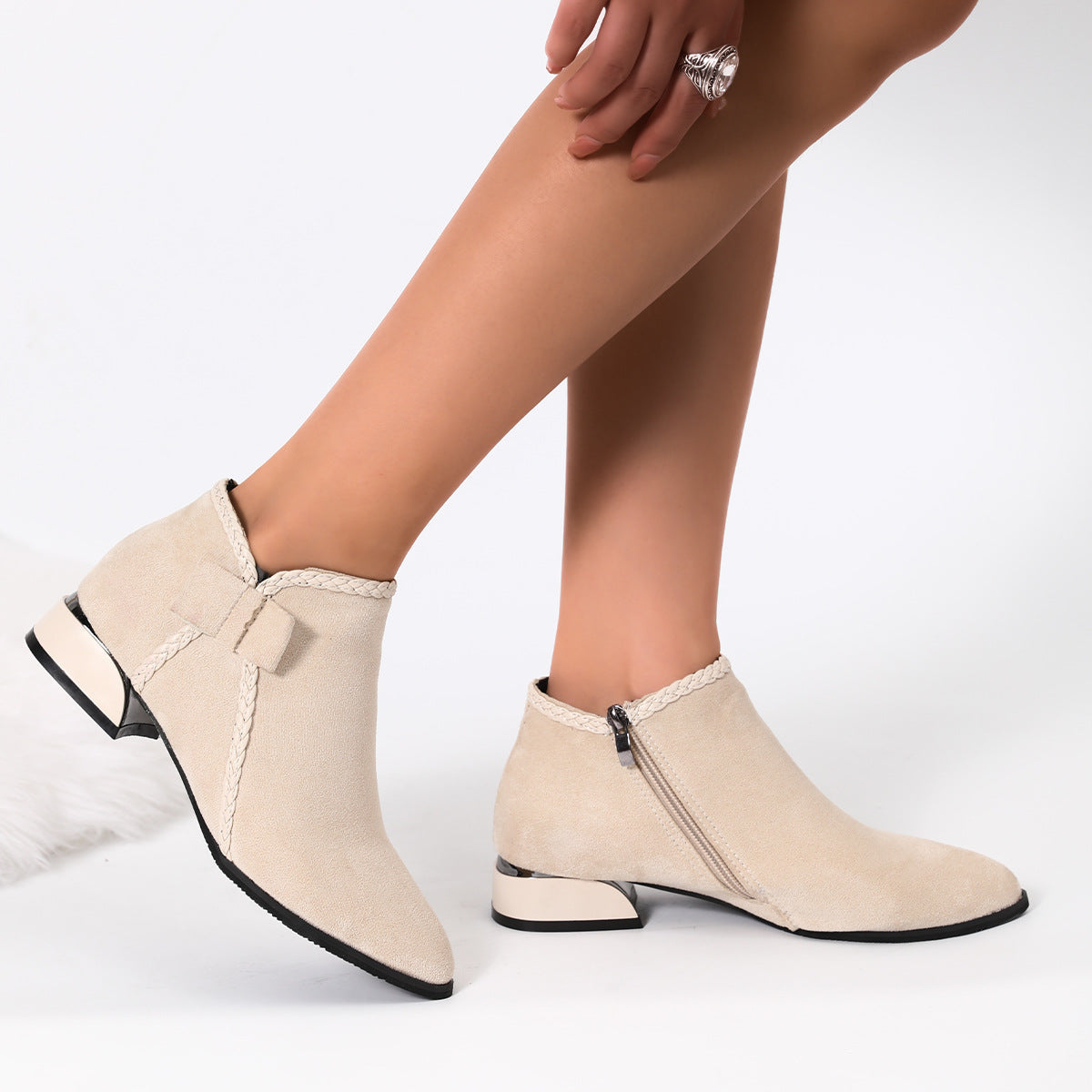 Women's Bow-Tie Pointed-Toe Chunky Heel Ankle Boots - Side Zipper Suede Boots