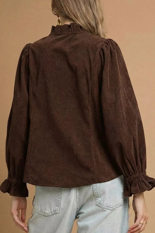 Another view: Solid Color Ruffle Trim V-Neck Long-Sleeve Button Corduroy Shakcet