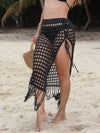 Fringe-trim openwork split swim cover-up skirt