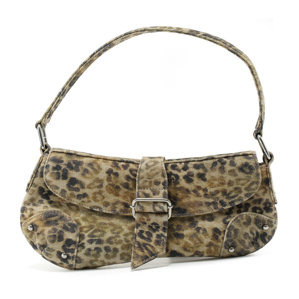 Leopard Print Underarm Bag - Distressed Canvas Shoulder Bag for Women