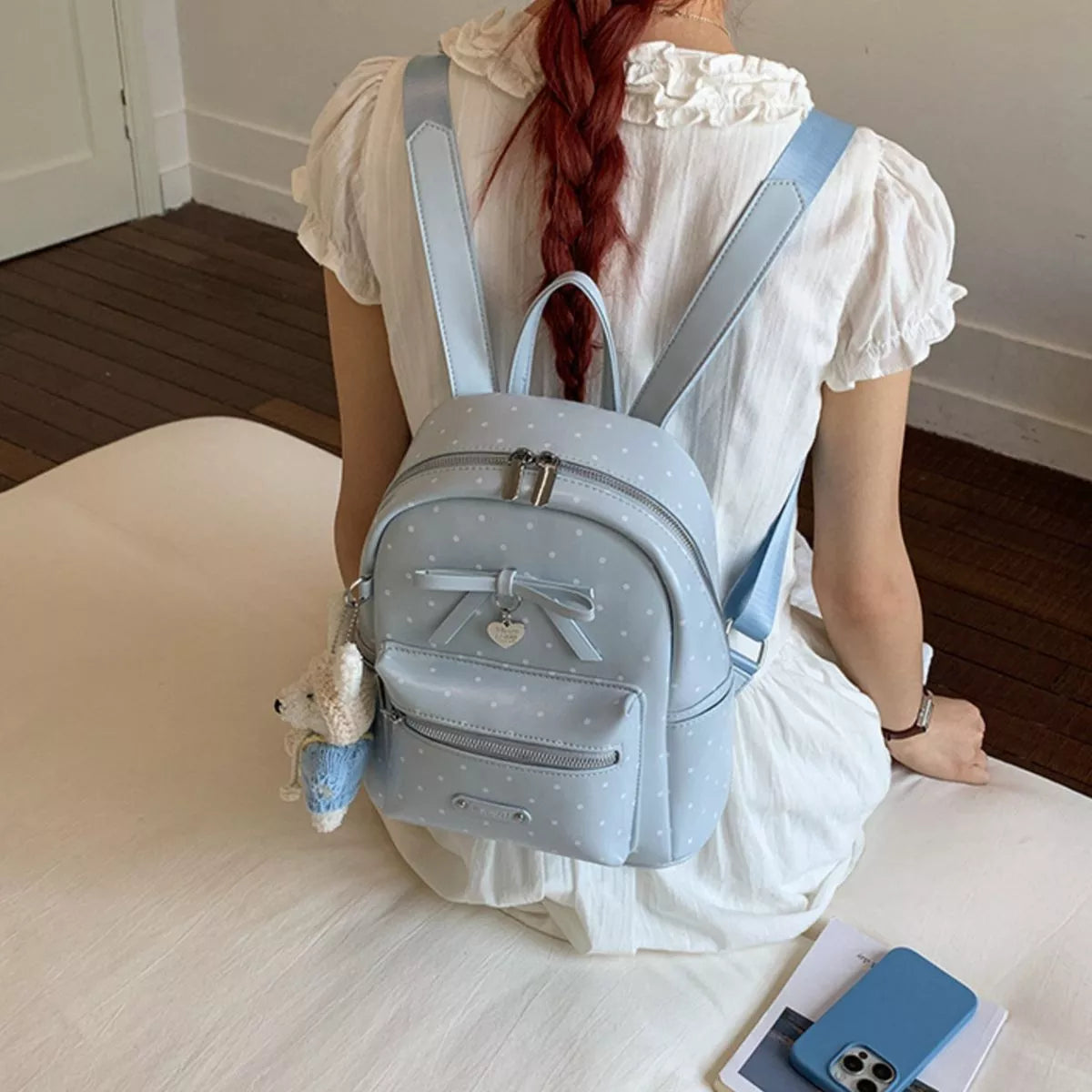Blue Polka-Dot Bow Mini Backpack