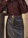 Black faux-leather front-split midi skirt