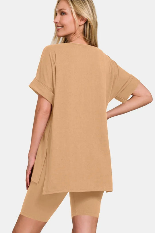 Another view: V-Neck Short Sleeve T-Shirt and Biker Shorts Set