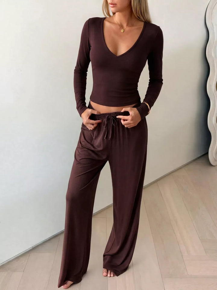 V-Neck Long-Sleeve Top and Wide-Leg Pants Set