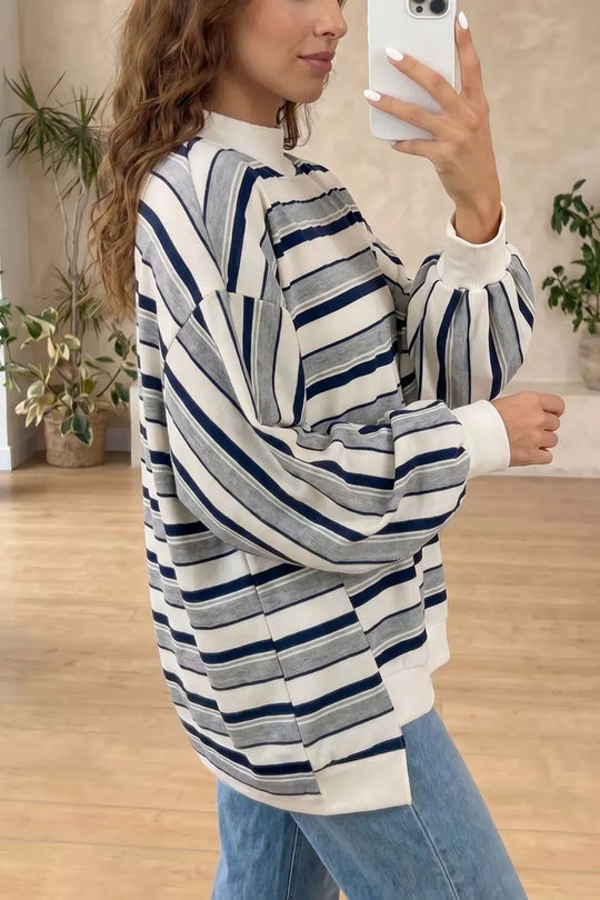 Another view: Striped Ribbed Stand-Neck Sweatshirt