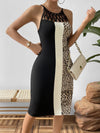 Leopard color-block cutout sleeveless knee-length dress in black