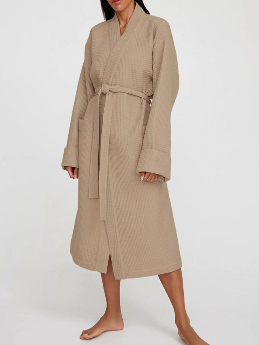 Waffle-Knit Tie-Waist Lounge Nightgown