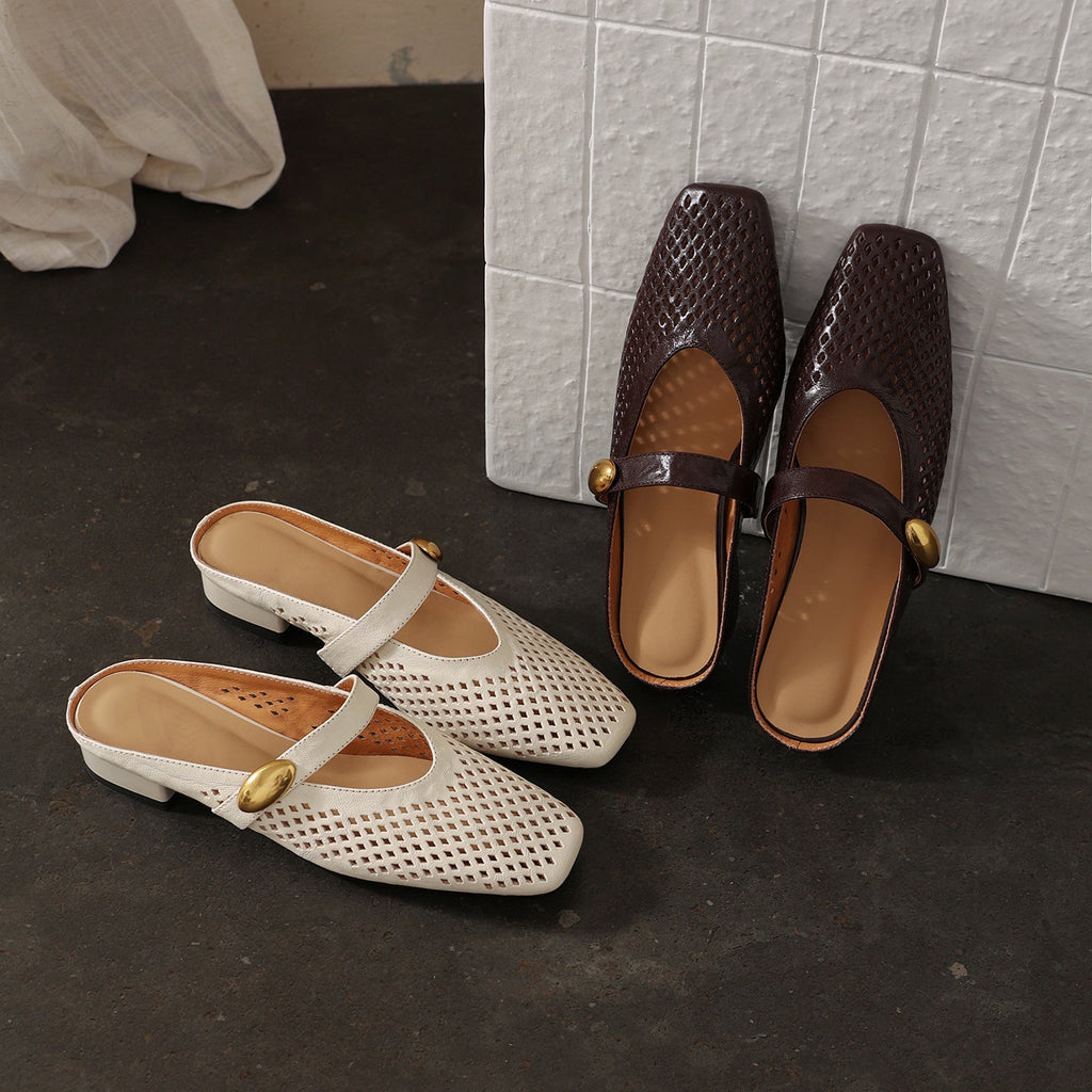 Women's Sheepskin Mary Jane Mules | Perforated Square Toe Low Block Heel Slides