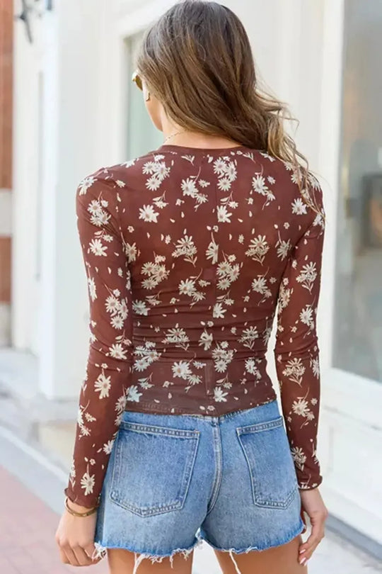 Another view: Floral Sheer Mesh Long-Sleeve Top — Brown