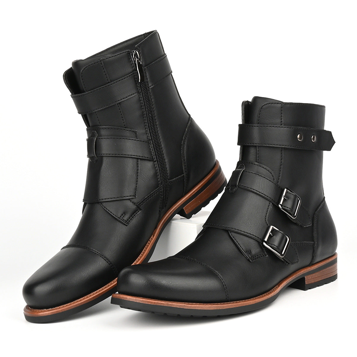 Men's Vintage Denim Boots | Metal Buckle Side-Zip Low Heel – Black & Brown
