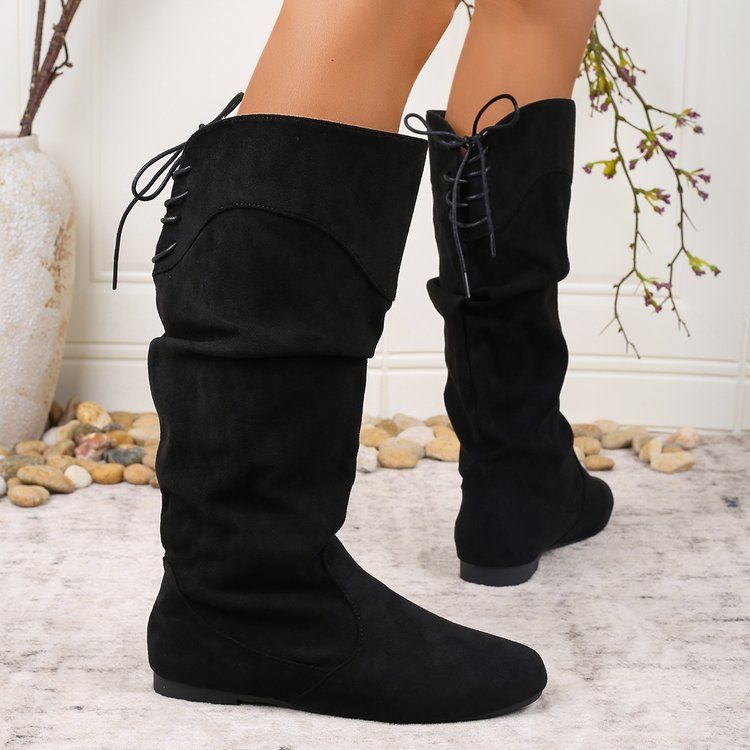 Women's High-Shaft Pleated PU Leather Chunky Heel Boots | Mid-Calf Round Toe