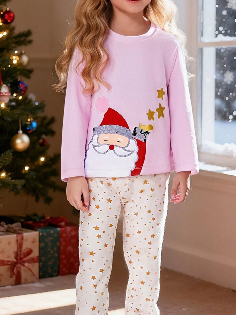 Kids' Santa Top & Star Pants Cotton Pajama Set – Blush Pink