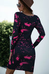 Abstract-print boat-neck long-sleeve mini dress