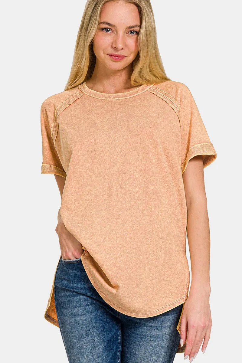 Heathered Round Neck Short Sleeve Top — Brush