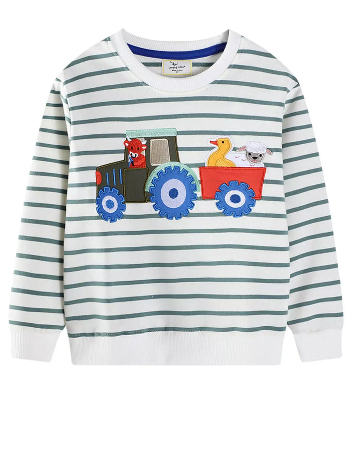 Kids' Striped Tractor Embroidered Sweatshirt – Beige
