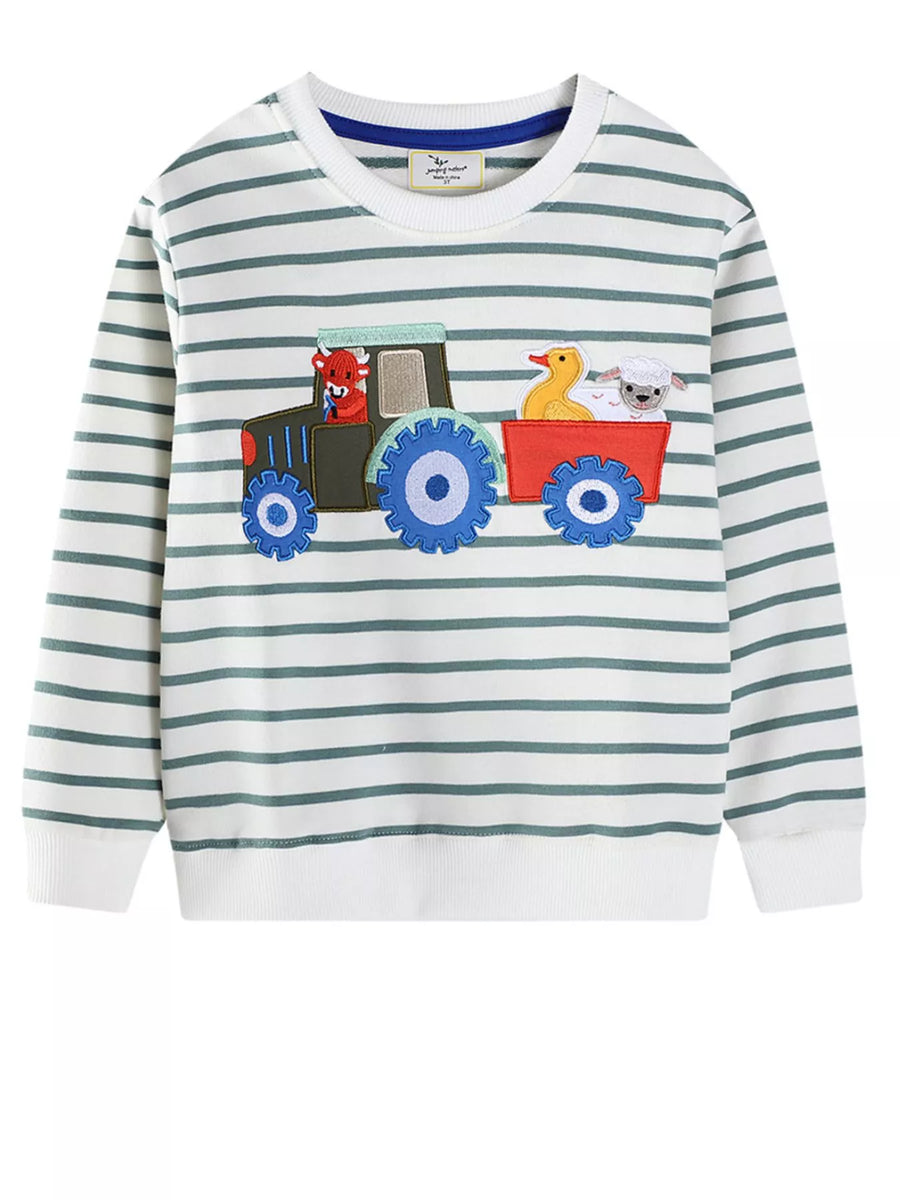 Kids' Striped Tractor Embroidered Sweatshirt – Beige