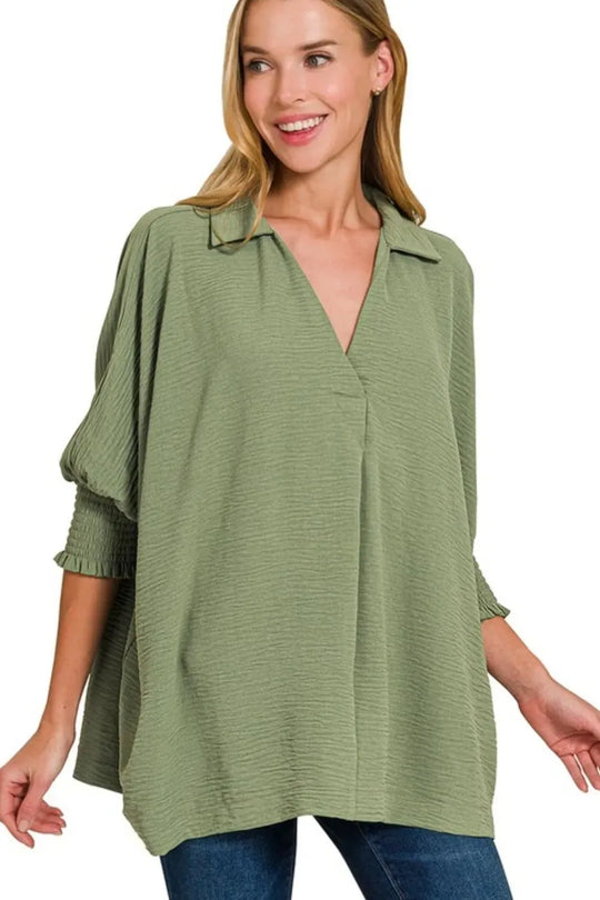 Another view: Airflow Collar Tee with Smocked Sleeve Band Top — LT OLIVE