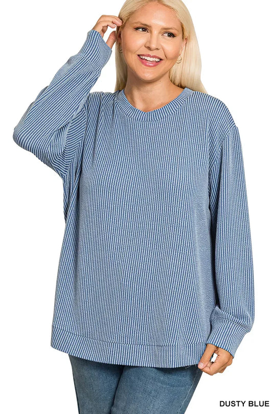 Another view: Curve Raised Rib Round Neck Long Sleeve Top — Dusty Blue