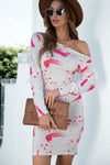 Abstract-print boat-neck long-sleeve mini dress