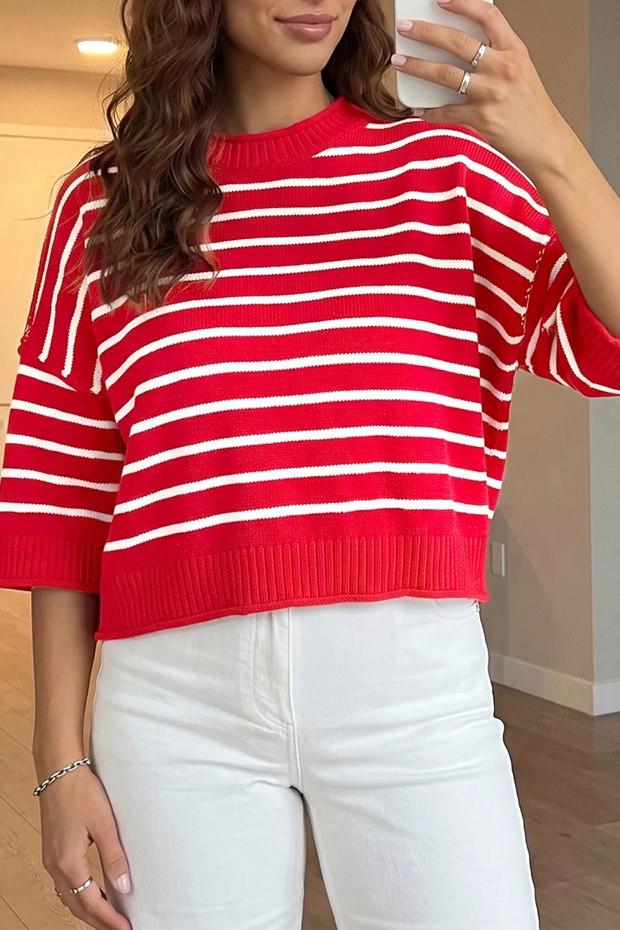 Stripe Dropped Shoulder Half-Sleeve Relaxed Knit Sweater