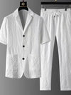 Men’s buttoned two-piece shirt and pants set.