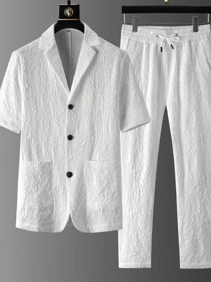 Men’s buttoned two-piece shirt and pants set.