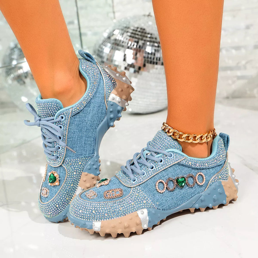 Blue Rhinestone Round-Toe Sneakers